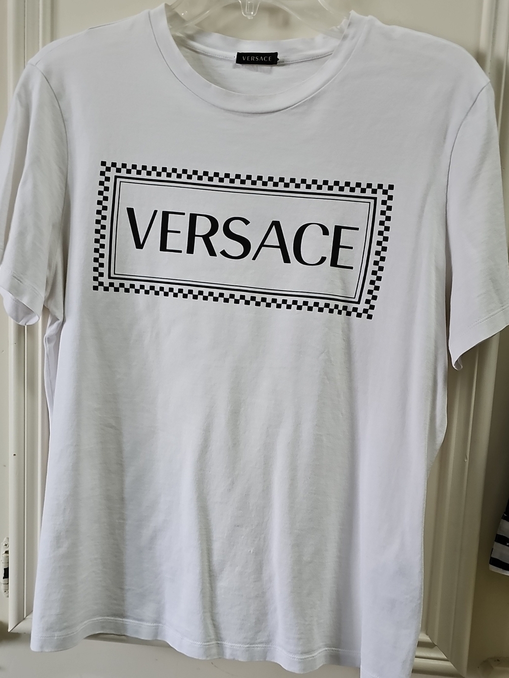 Versace White Short-Sleeve Tee with Black Logo and Checker Frame